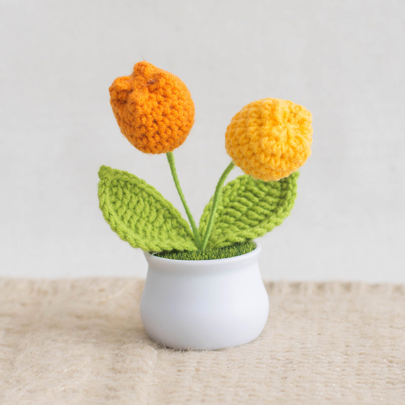 Finished Hand-Woven Linglan Potted Home Decoration Knitted Artificial Flower Wool Crocheted Bouquet Fake Flower Gift