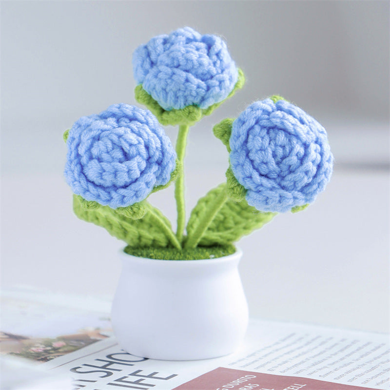 Finished Hand-Woven Linglan Potted Home Decoration Knitted Artificial Flower Wool Crocheted Bouquet Fake Flower Gift