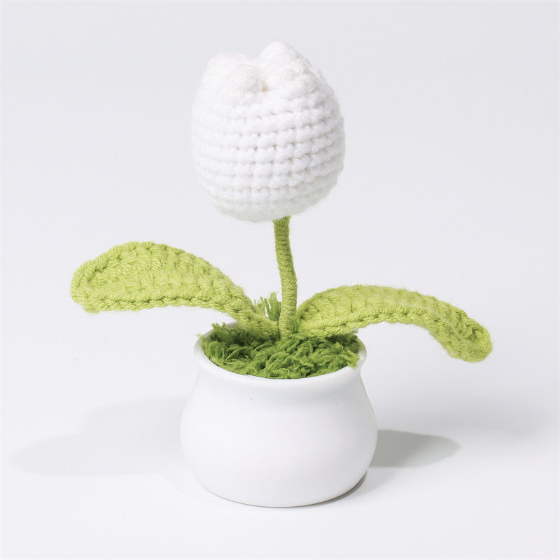 Finished Hand-Woven Linglan Potted Home Decoration Knitted Artificial Flower Wool Crocheted Bouquet Fake Flower Gift
