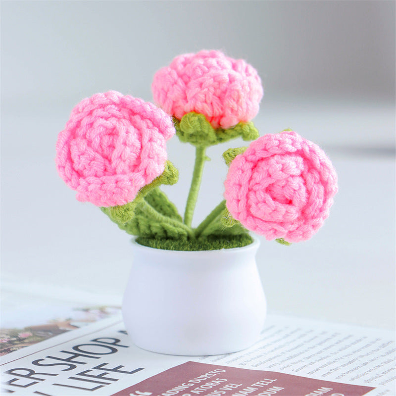 Finished Hand-Woven Linglan Potted Home Decoration Knitted Artificial Flower Wool Crocheted Bouquet Fake Flower Gift