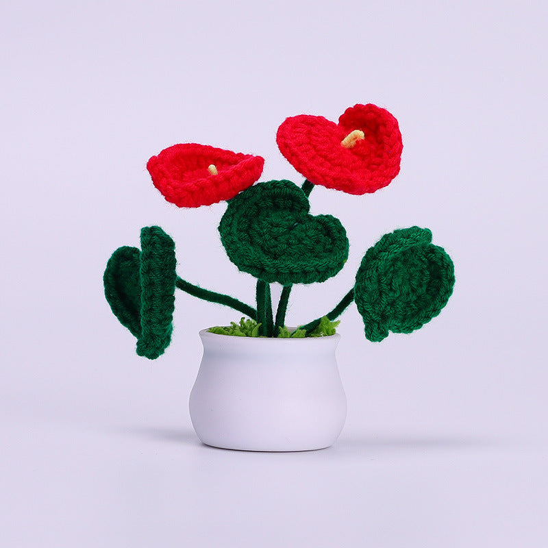 Finished Hand-Woven Linglan Potted Home Decoration Knitted Artificial Flower Wool Crocheted Bouquet Fake Flower Gift