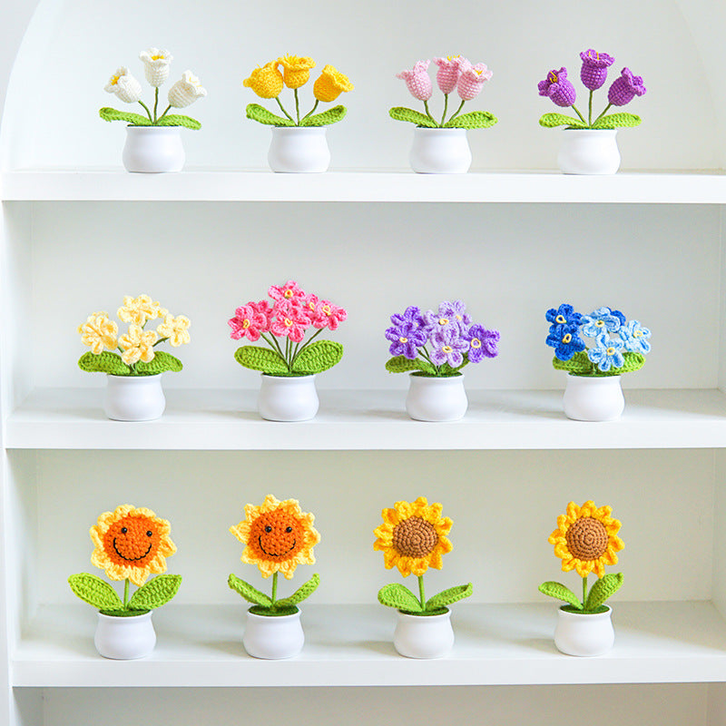 Finished Hand-Woven Linglan Potted Home Decoration Knitted Artificial Flower Wool Crocheted Bouquet Fake Flower Gift
