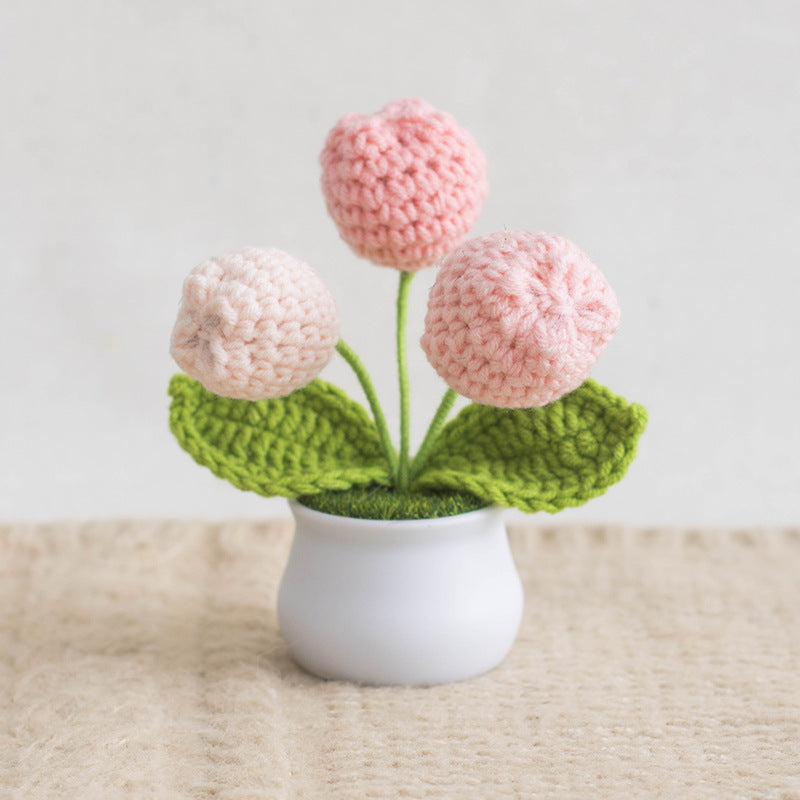 Finished Hand-Woven Linglan Potted Home Decoration Knitted Artificial Flower Wool Crocheted Bouquet Fake Flower Gift