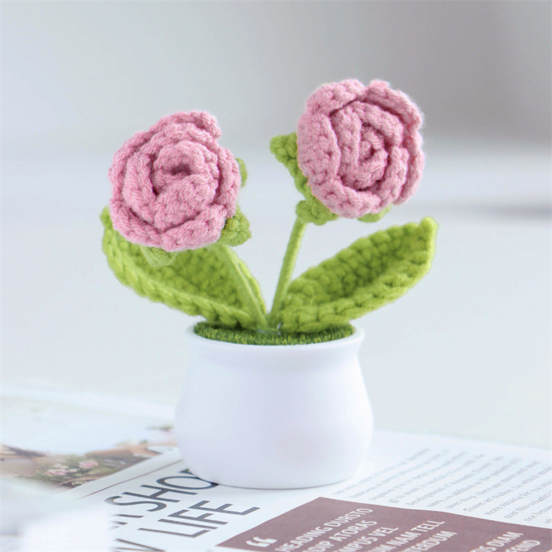 Finished Hand-Woven Linglan Potted Home Decoration Knitted Artificial Flower Wool Crocheted Bouquet Fake Flower Gift