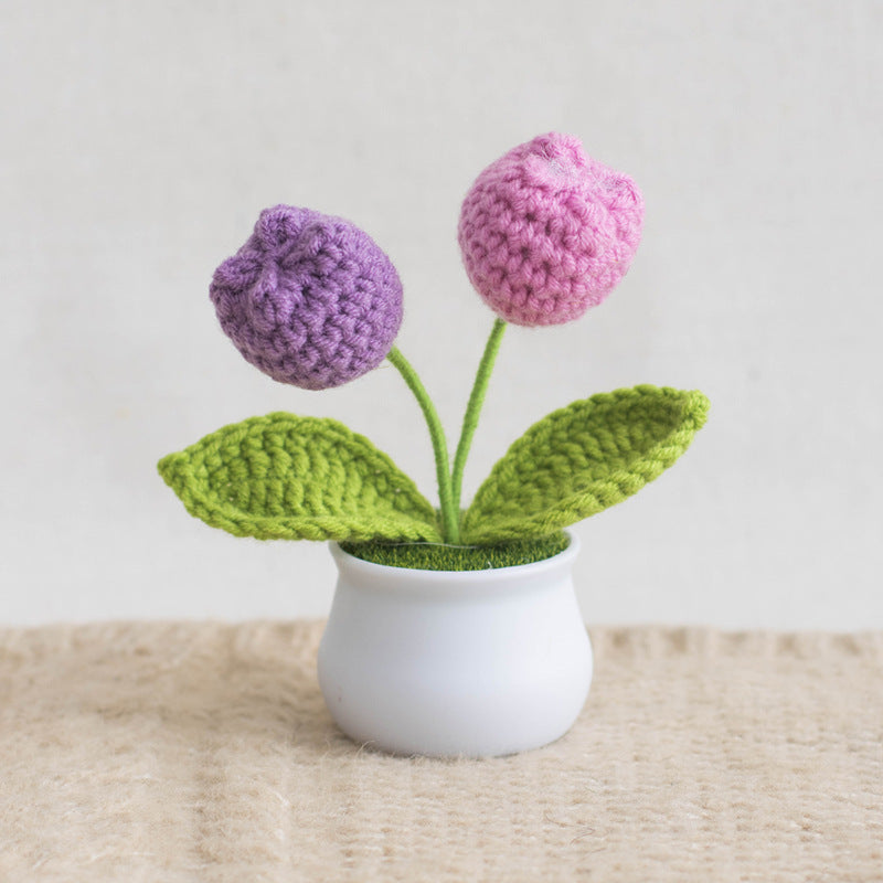 Finished Hand-Woven Linglan Potted Home Decoration Knitted Artificial Flower Wool Crocheted Bouquet Fake Flower Gift