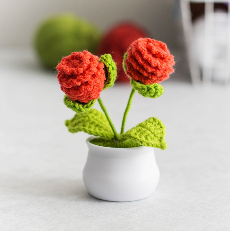 Finished Hand-Woven Linglan Potted Home Decoration Knitted Artificial Flower Wool Crocheted Bouquet Fake Flower Gift