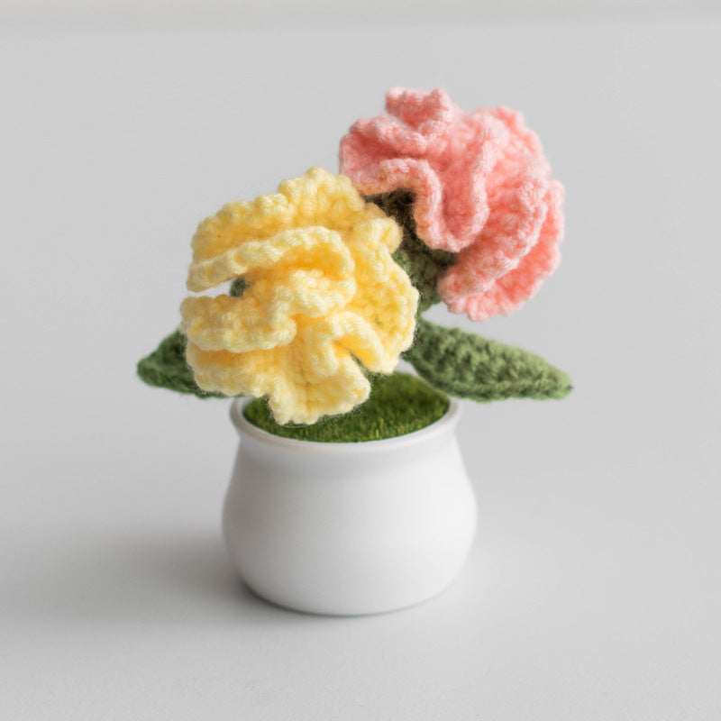 Finished Hand-Woven Linglan Potted Home Decoration Knitted Artificial Flower Wool Crocheted Bouquet Fake Flower Gift
