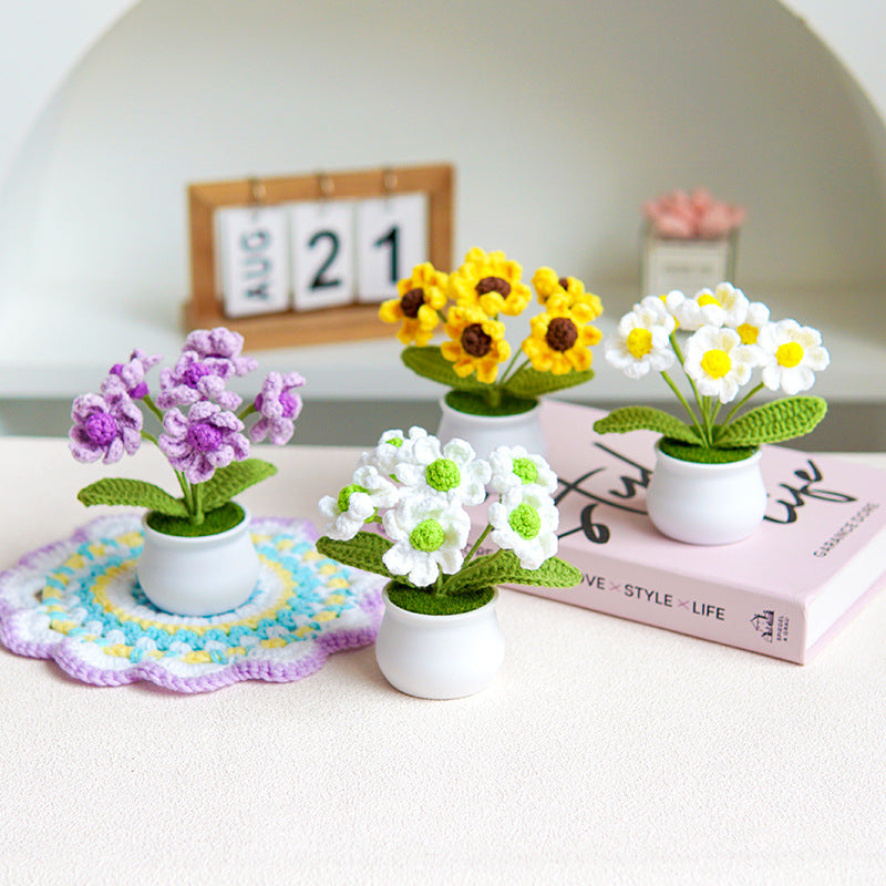 Finished Hand-Woven Linglan Potted Home Decoration Knitted Artificial Flower Wool Crocheted Bouquet Fake Flower Gift