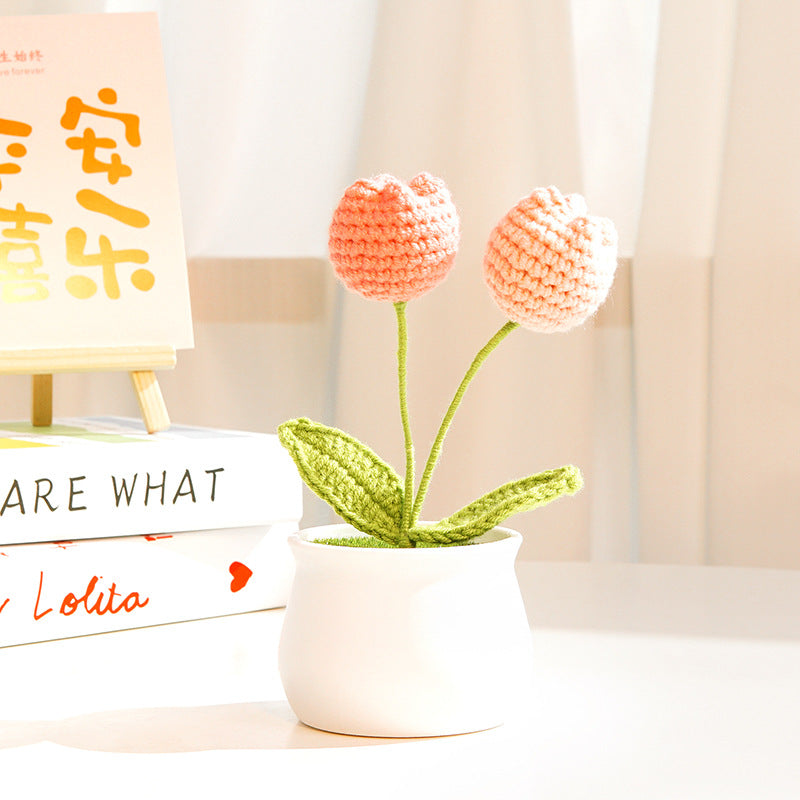Finished Hand-Woven Linglan Potted Home Decoration Knitted Artificial Flower Wool Crocheted Bouquet Fake Flower Gift