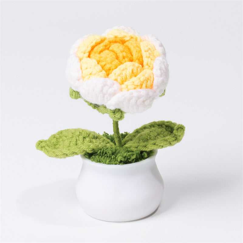 Finished Hand-Woven Linglan Potted Home Decoration Knitted Artificial Flower Wool Crocheted Bouquet Fake Flower Gift
