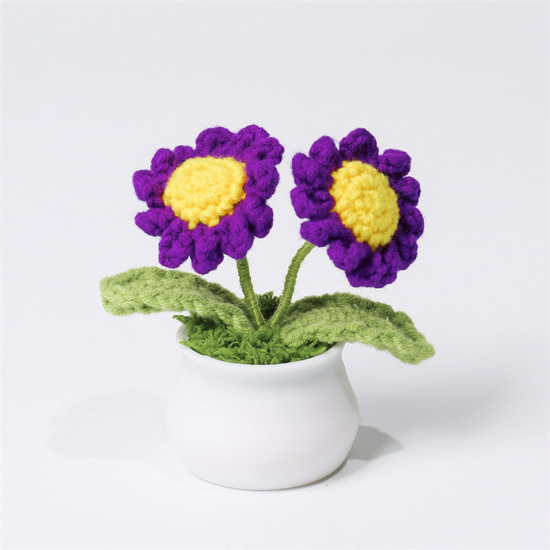 Finished Hand-Woven Linglan Potted Home Decoration Knitted Artificial Flower Wool Crocheted Bouquet Fake Flower Gift
