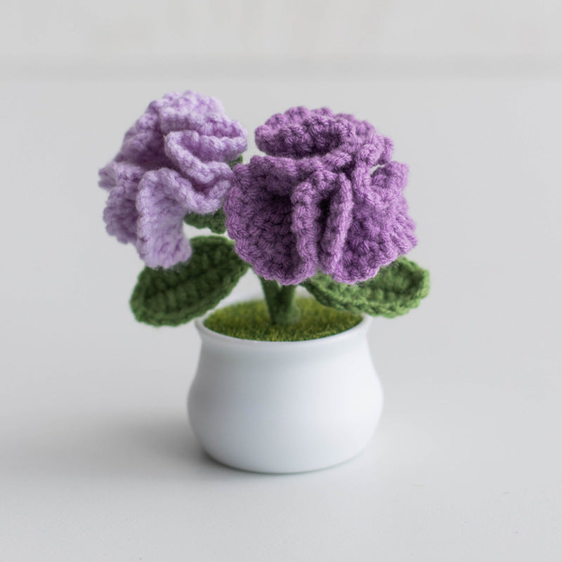 Finished Hand-Woven Linglan Potted Home Decoration Knitted Artificial Flower Wool Crocheted Bouquet Fake Flower Gift