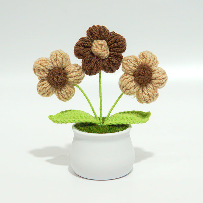 Finished Hand-Woven Linglan Potted Home Decoration Knitted Artificial Flower Wool Crocheted Bouquet Fake Flower Gift