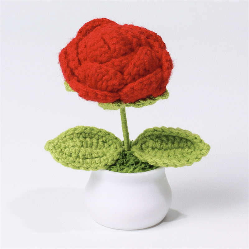 Finished Hand-Woven Linglan Potted Home Decoration Knitted Artificial Flower Wool Crocheted Bouquet Fake Flower Gift