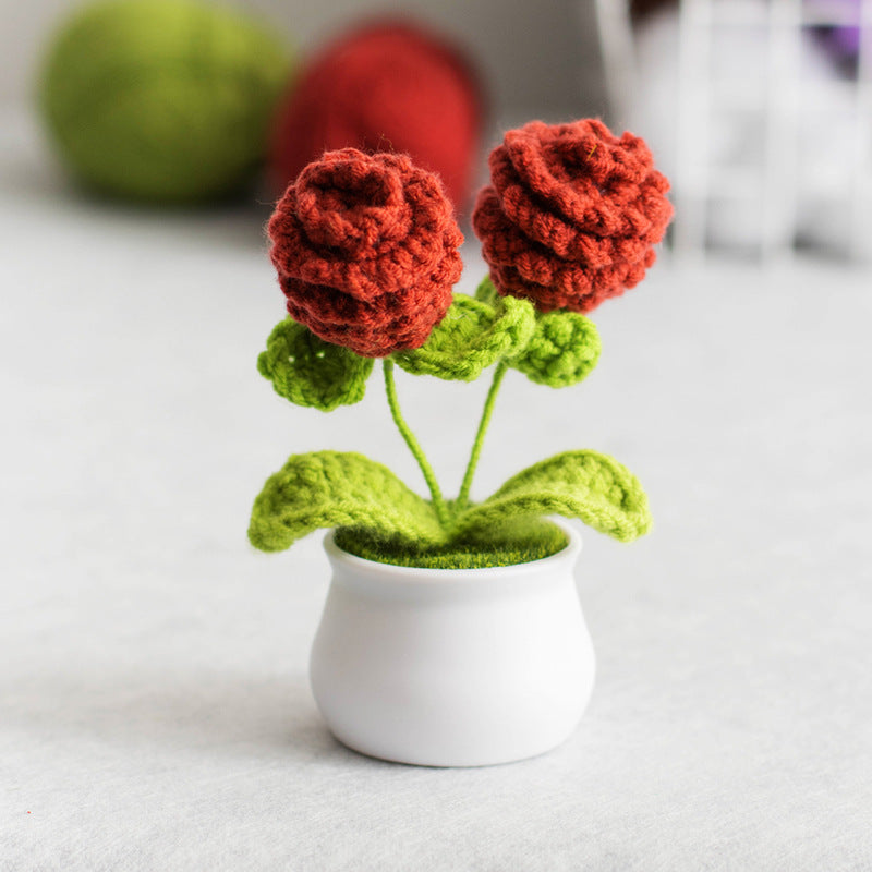 Finished Hand-Woven Linglan Potted Home Decoration Knitted Artificial Flower Wool Crocheted Bouquet Fake Flower Gift