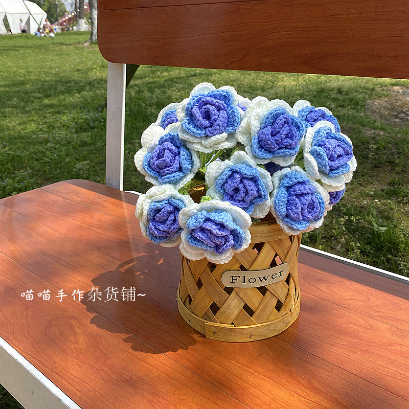 Finished Handmade Woven Rose Lily of the Valley Sunflower Artificial Flower Yarn Knitted Bouquet Floral Arrangement Gift