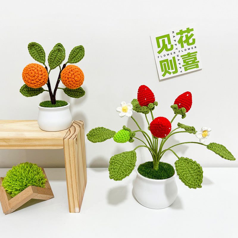 Finished Hand-Woven Linglan Potted Home Decoration Knitted Artificial Flower Wool Crocheted Bouquet Fake Flower Gift