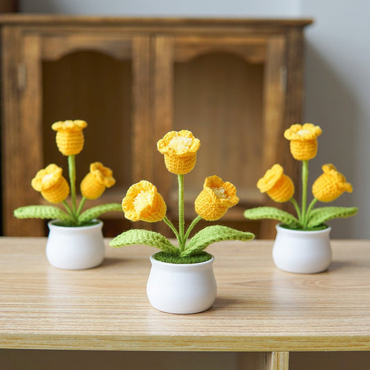 Finished Hand-Woven Linglan Potted Home Decoration Knitted Artificial Flower Wool Crocheted Bouquet Fake Flower Gift