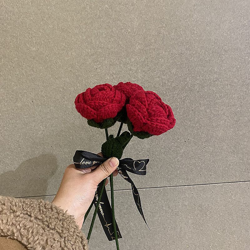 Finished Handmade Woven Rose Lily of the Valley Sunflower Artificial Flower Yarn Knitted Bouquet Floral Arrangement Gift