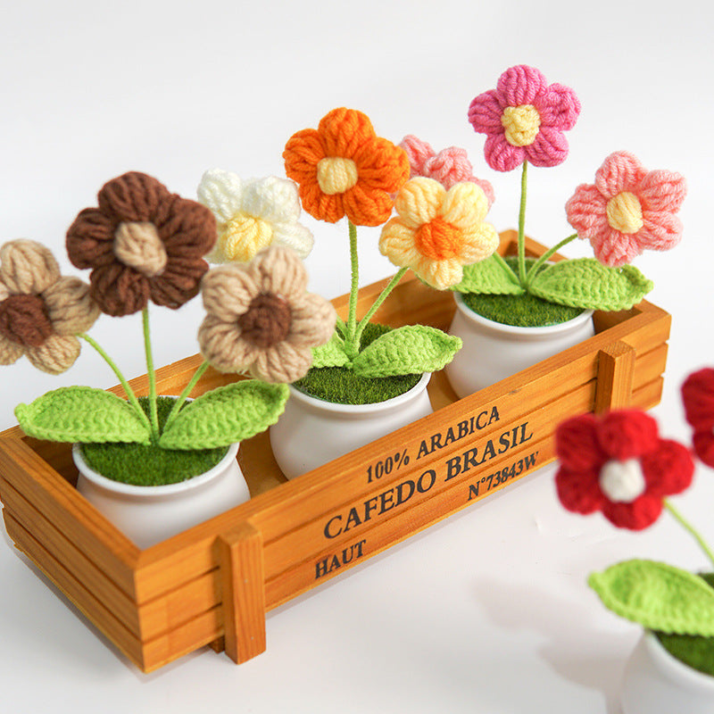 Finished Hand-Woven Linglan Potted Home Decoration Knitted Artificial Flower Wool Crocheted Bouquet Fake Flower Gift