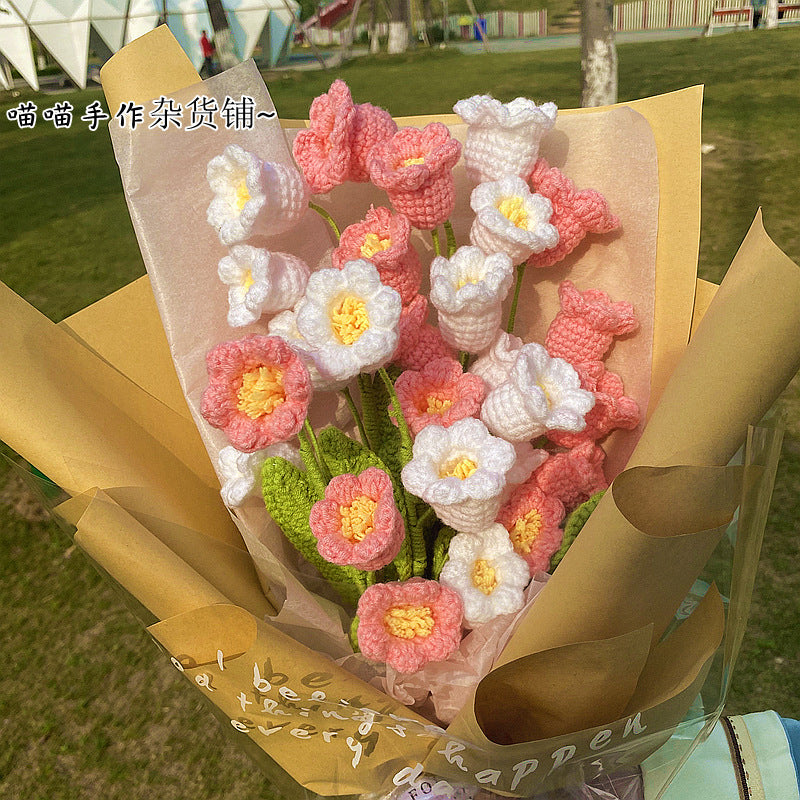 Finished Handmade Woven Rose Lily of the Valley Sunflower Artificial Flower Yarn Knitted Bouquet Floral Arrangement Gift