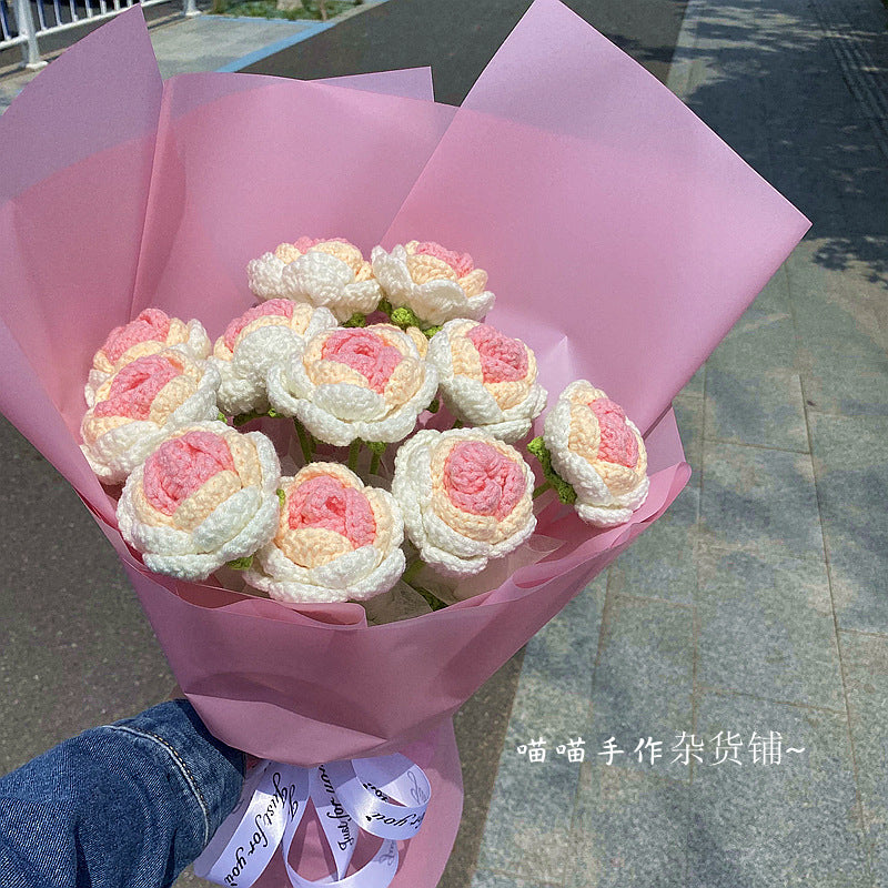 Finished Handmade Woven Rose Lily of the Valley Sunflower Artificial Flower Yarn Knitted Bouquet Floral Arrangement Gift