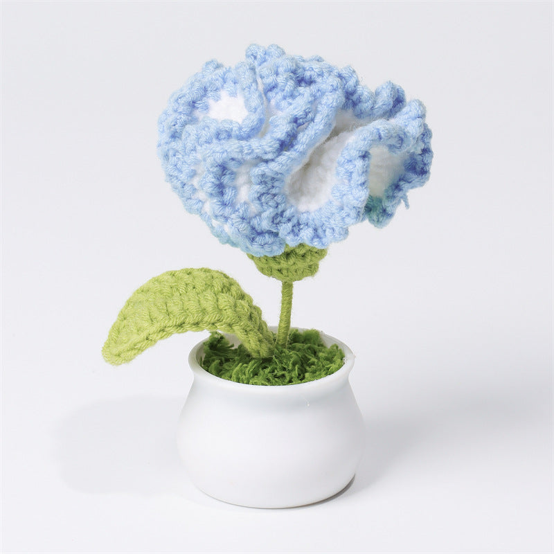 Finished Hand-Woven Linglan Potted Home Decoration Knitted Artificial Flower Wool Crocheted Bouquet Fake Flower Gift