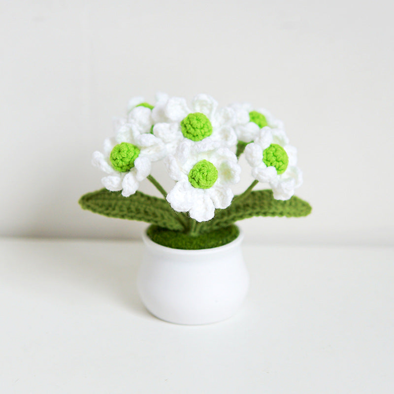 Finished Hand-Woven Linglan Potted Home Decoration Knitted Artificial Flower Wool Crocheted Bouquet Fake Flower Gift