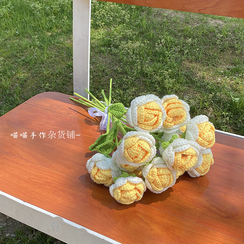 Finished Handmade Woven Rose Lily of the Valley Sunflower Artificial Flower Yarn Knitted Bouquet Floral Arrangement Gift