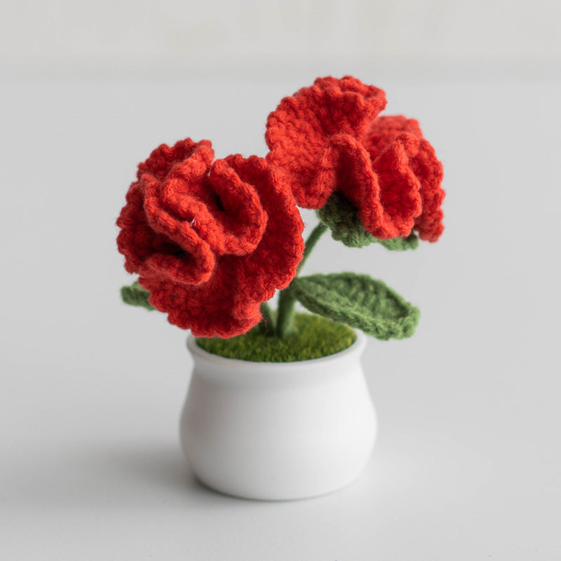 Finished Hand-Woven Linglan Potted Home Decoration Knitted Artificial Flower Wool Crocheted Bouquet Fake Flower Gift