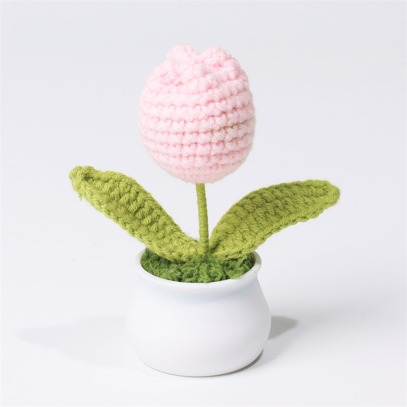 Finished Hand-Woven Linglan Potted Home Decoration Knitted Artificial Flower Wool Crocheted Bouquet Fake Flower Gift