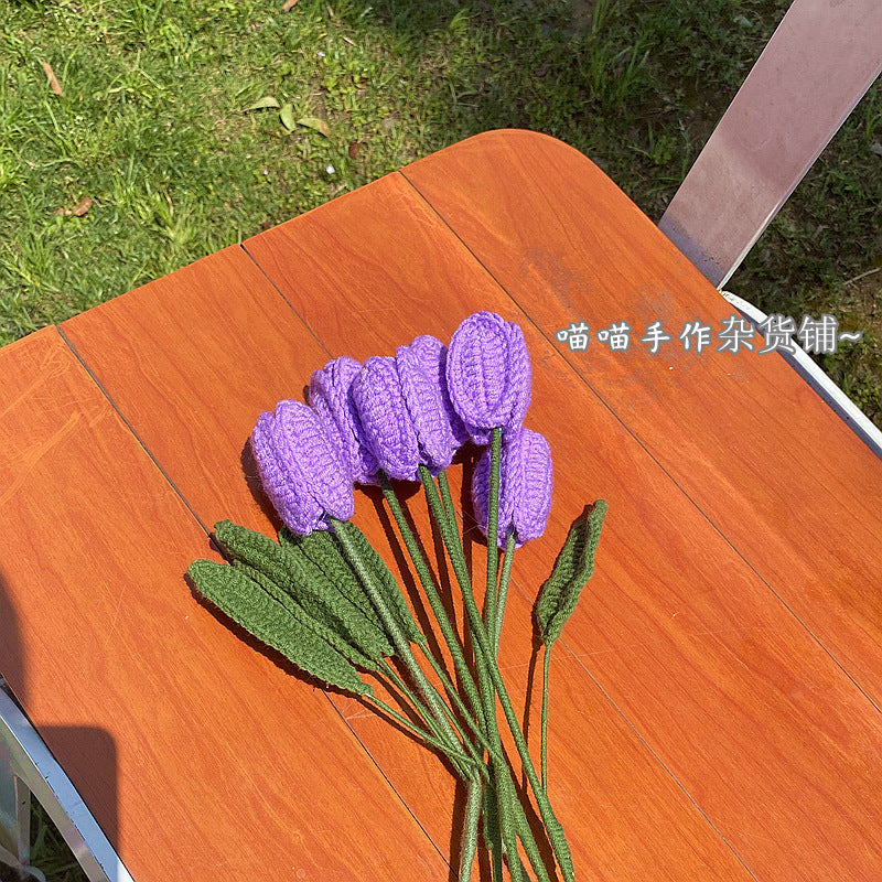 Finished Handmade Woven Rose Lily of the Valley Sunflower Artificial Flower Yarn Knitted Bouquet Floral Arrangement Gift
