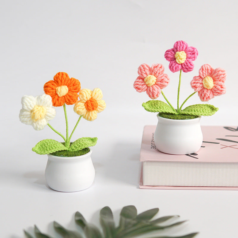 Finished Hand-Woven Linglan Potted Home Decoration Knitted Artificial Flower Wool Crocheted Bouquet Fake Flower Gift