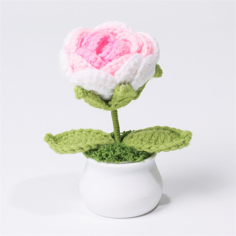 Finished Hand-Woven Linglan Potted Home Decoration Knitted Artificial Flower Wool Crocheted Bouquet Fake Flower Gift