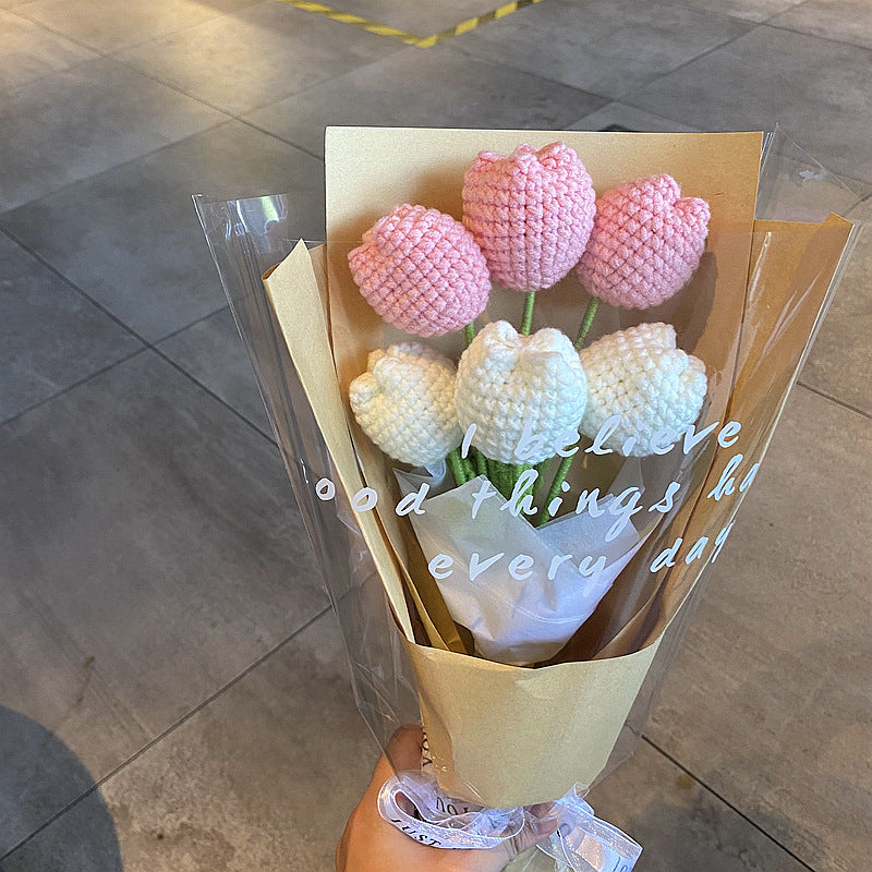 Finished Handmade Woven Rose Lily of the Valley Sunflower Artificial Flower Yarn Knitted Bouquet Floral Arrangement Gift