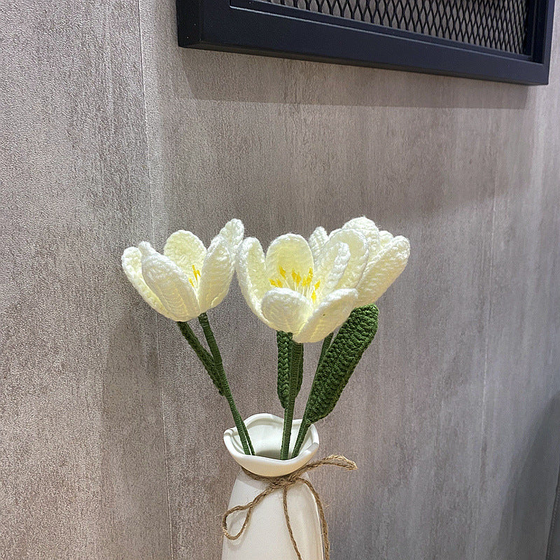 Finished Handmade Woven Rose Lily of the Valley Sunflower Artificial Flower Yarn Knitted Bouquet Floral Arrangement Gift