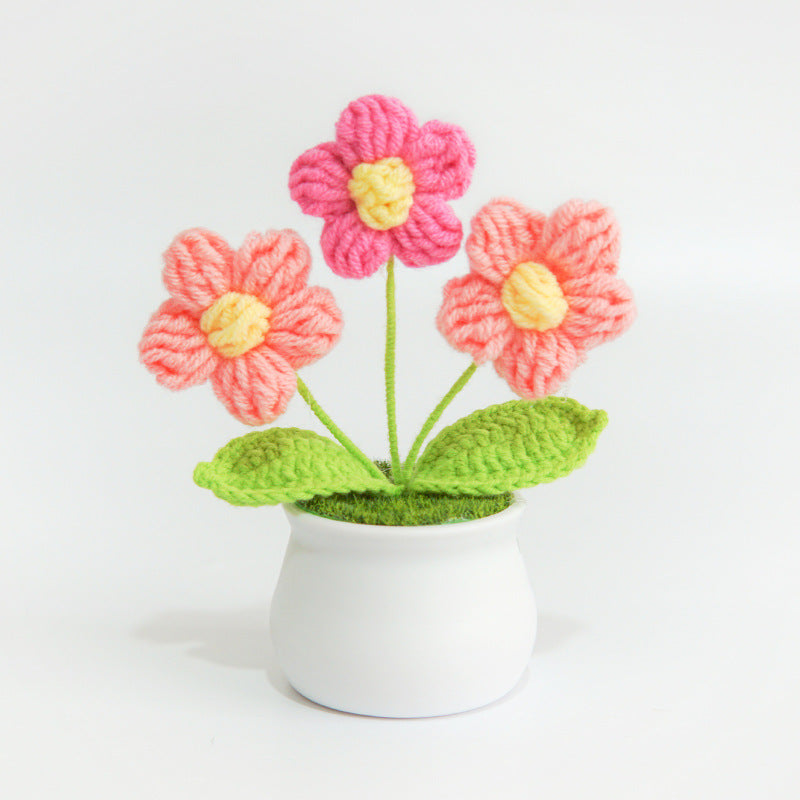 Finished Hand-Woven Linglan Potted Home Decoration Knitted Artificial Flower Wool Crocheted Bouquet Fake Flower Gift