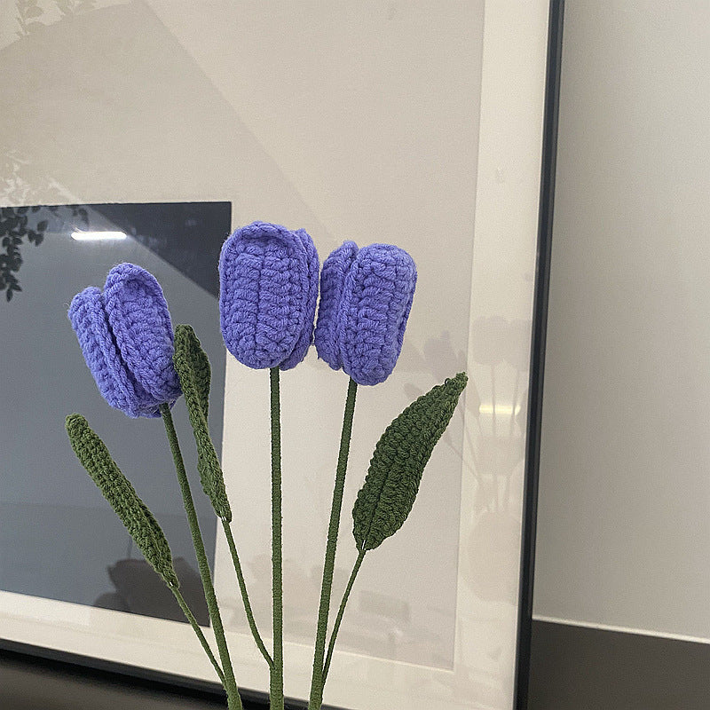Finished Handmade Woven Rose Lily of the Valley Sunflower Artificial Flower Yarn Knitted Bouquet Floral Arrangement Gift