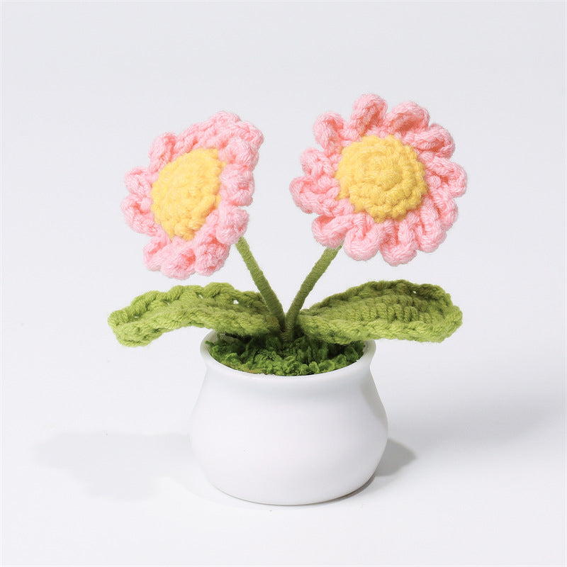 Finished Hand-Woven Linglan Potted Home Decoration Knitted Artificial Flower Wool Crocheted Bouquet Fake Flower Gift