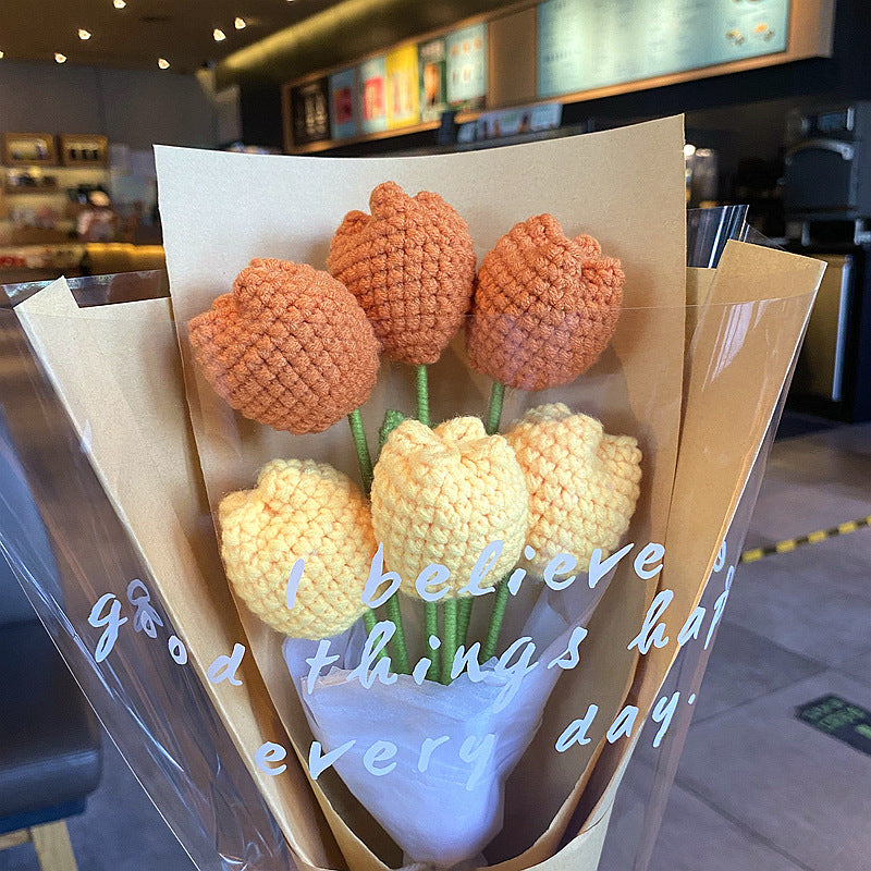Finished Handmade Woven Rose Lily of the Valley Sunflower Artificial Flower Yarn Knitted Bouquet Floral Arrangement Gift