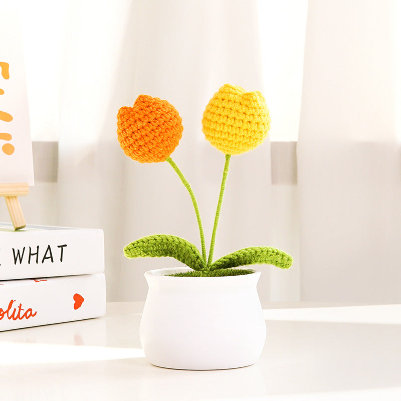 Finished Hand-Woven Linglan Potted Home Decoration Knitted Artificial Flower Wool Crocheted Bouquet Fake Flower Gift