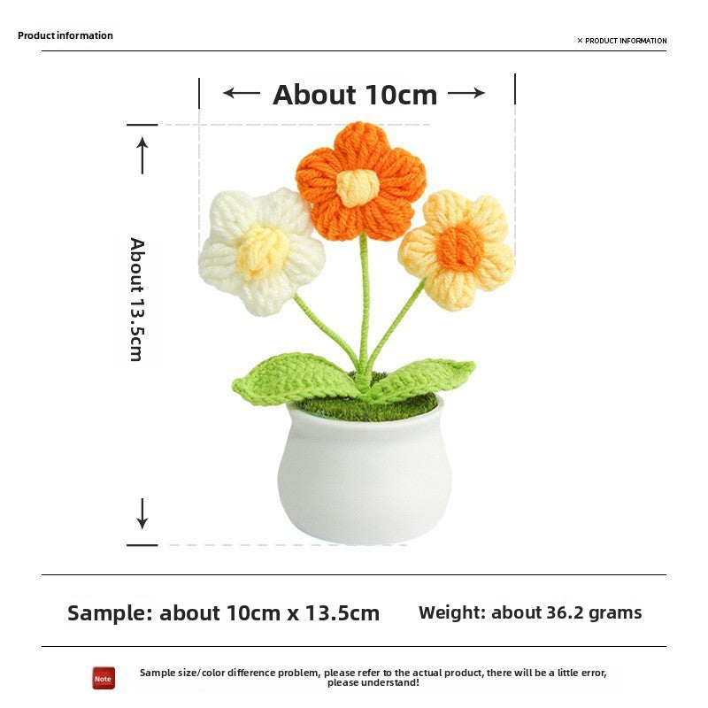 Finished Hand-Woven Linglan Potted Home Decoration Knitted Artificial Flower Wool Crocheted Bouquet Fake Flower Gift