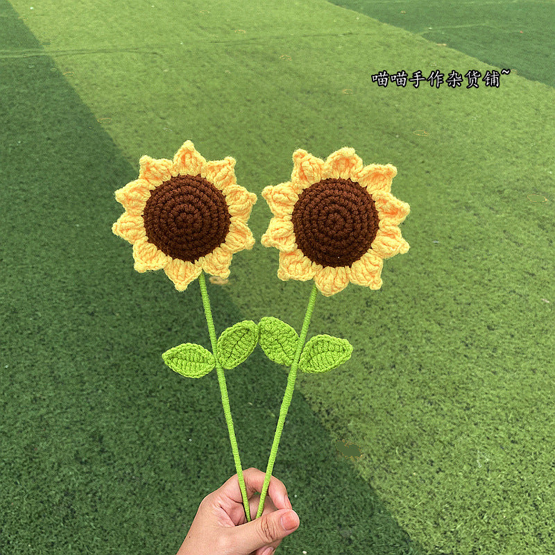 Finished Handmade Woven Rose Lily of the Valley Sunflower Artificial Flower Yarn Knitted Bouquet Floral Arrangement Gift