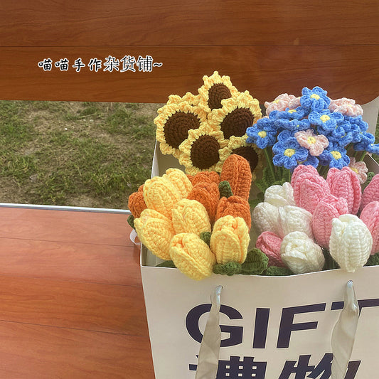 Finished Handmade Woven Rose Lily of the Valley Sunflower Artificial Flower Yarn Knitted Bouquet Floral Arrangement Gift