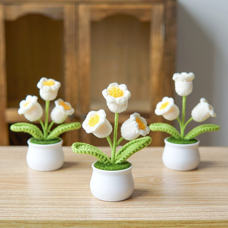 Finished Hand-Woven Linglan Potted Home Decoration Knitted Artificial Flower Wool Crocheted Bouquet Fake Flower Gift