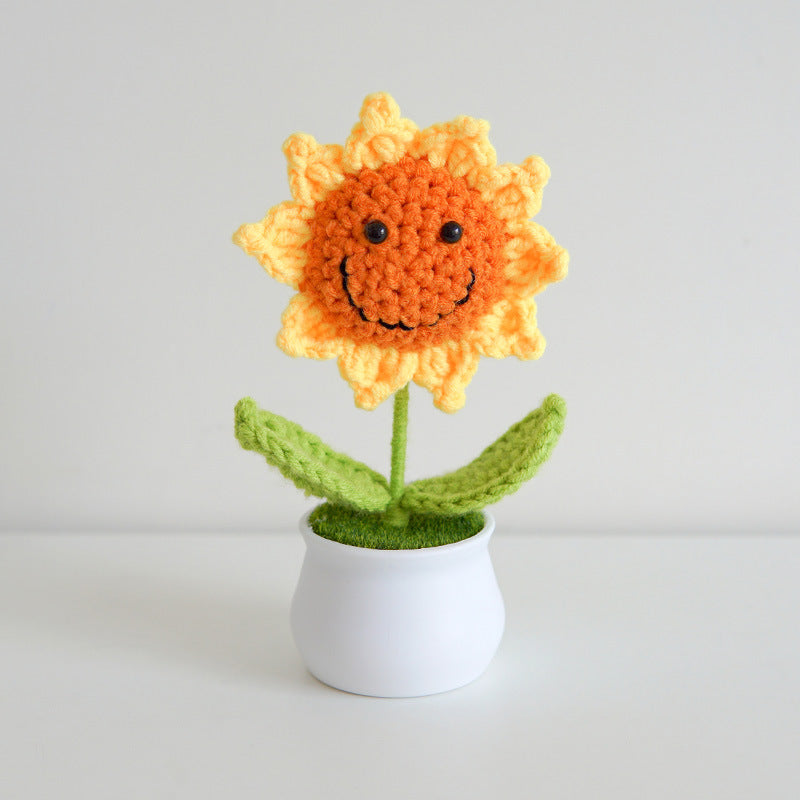 Finished Hand-Woven Linglan Potted Home Decoration Knitted Artificial Flower Wool Crocheted Bouquet Fake Flower Gift