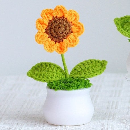 Finished Hand-Woven Linglan Potted Home Decoration Knitted Artificial Flower Wool Crocheted Bouquet Fake Flower Gift