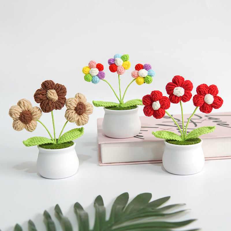Finished Hand-Woven Linglan Potted Home Decoration Knitted Artificial Flower Wool Crocheted Bouquet Fake Flower Gift