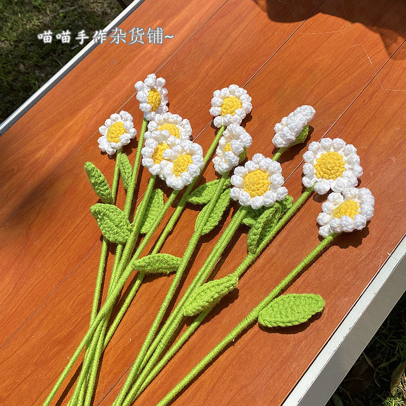 Finished Handmade Woven Rose Lily of the Valley Sunflower Artificial Flower Yarn Knitted Bouquet Floral Arrangement Gift