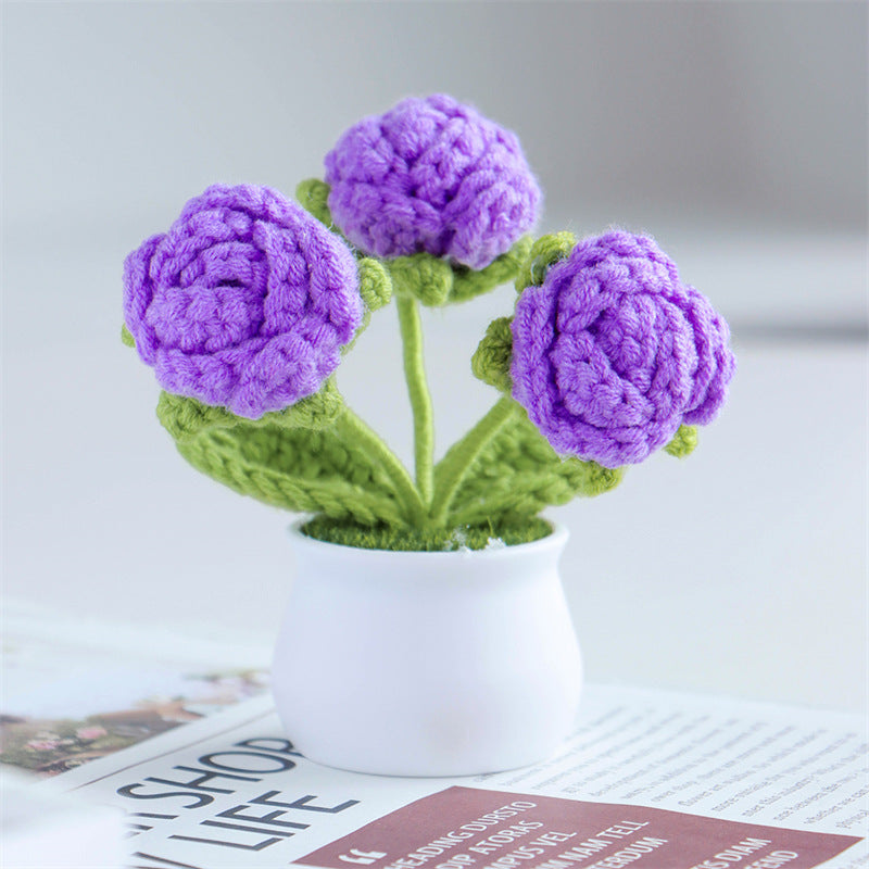 Finished Hand-Woven Linglan Potted Home Decoration Knitted Artificial Flower Wool Crocheted Bouquet Fake Flower Gift